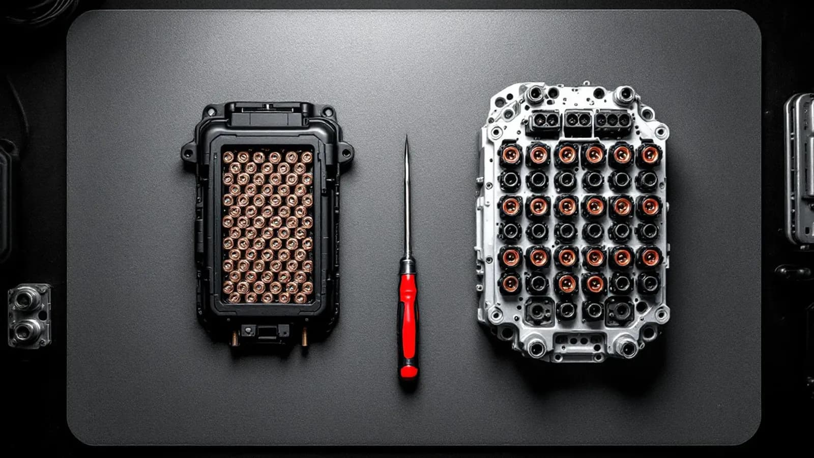 ABS control module lifted off its hydraulic block, both halves on an anti-static mat (illustration for the ATE / Continental MK60 / MK61 family)