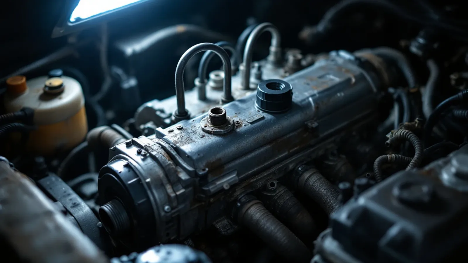 ABS unit in place deep in an older SUV engine bay under a magnetic work light (illustration for the Bosch 5.7 family)