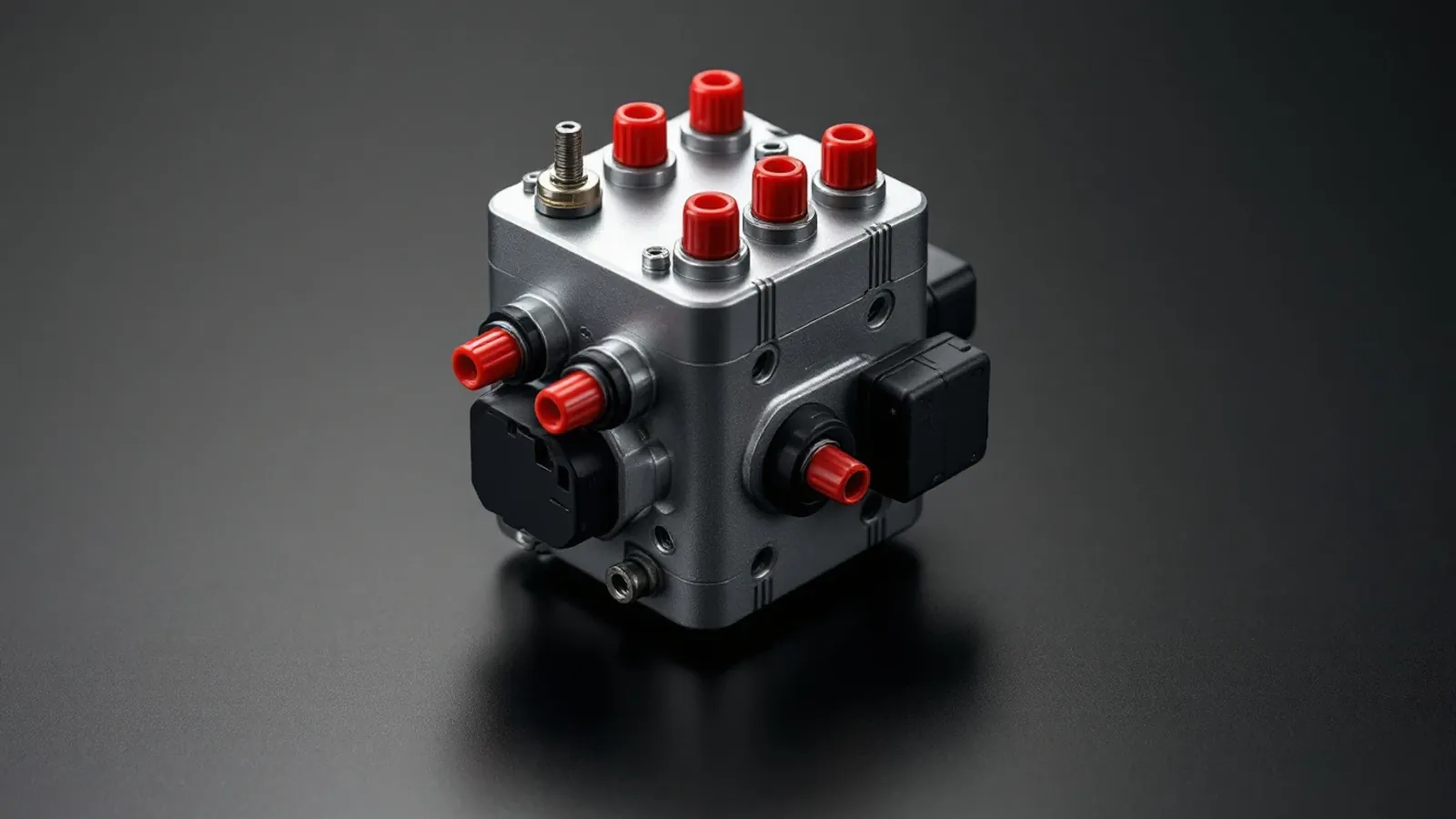 Modern compact ABS unit with integrated electronics, studio shot with a red rim light (illustration for the Bosch 8 family)