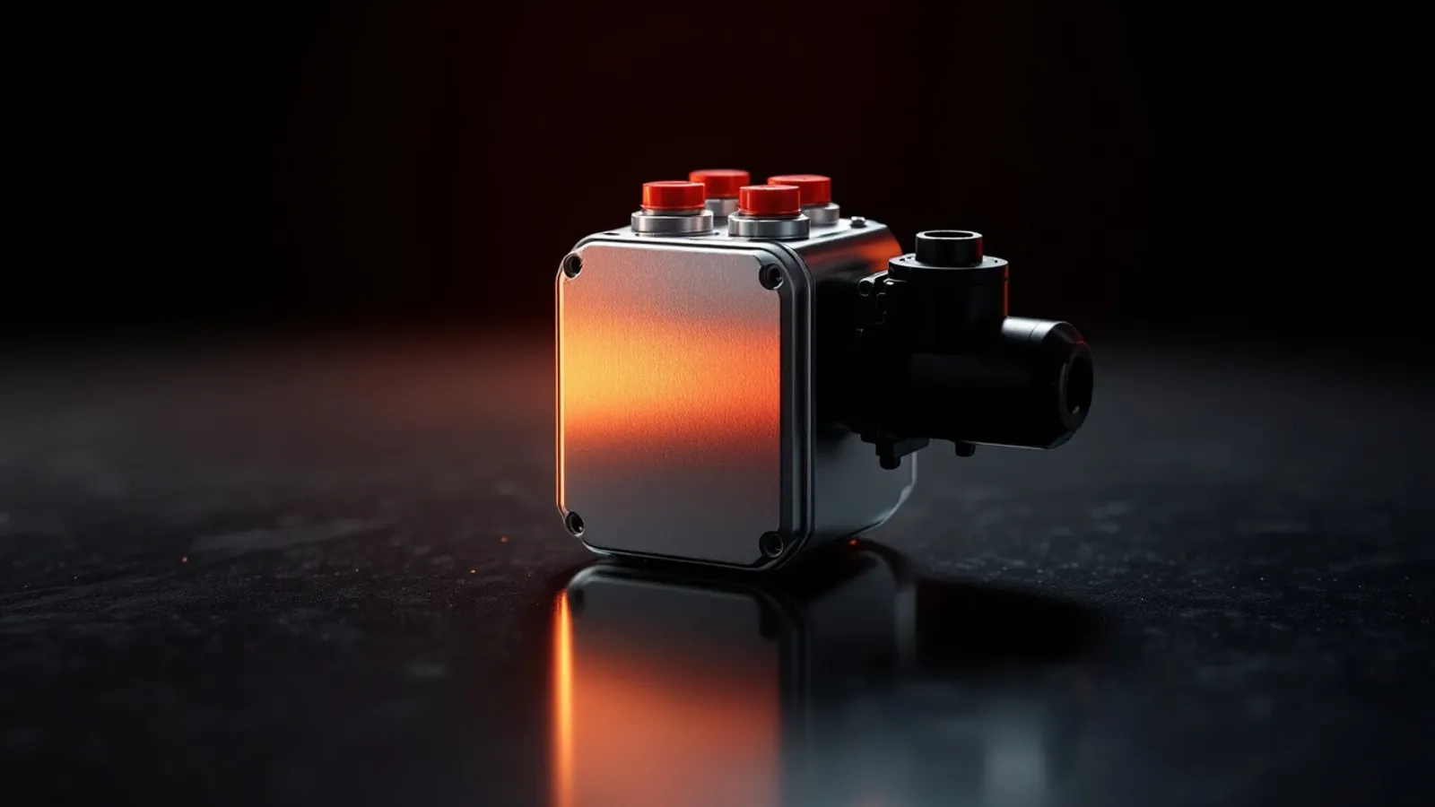 Very compact current-generation ABS unit on a reflective black surface (illustration for the Bosch 9 family)