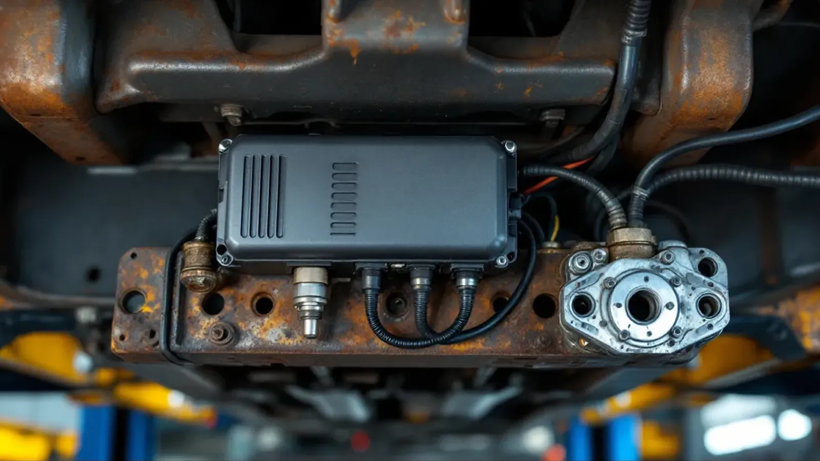 Brake control module bolted to its modulator valve on a pickup frame rail, seen from under the truck (illustration for the Kelsey-Hayes EBC325 family)