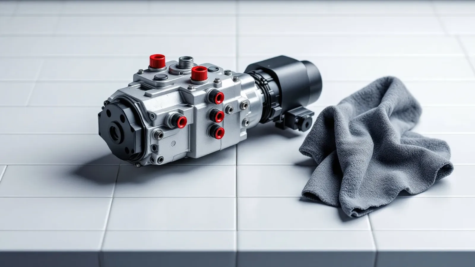 Brake actuator assembly on a clean white workshop counter beside a folded cloth (illustration for the Toyota / Lexus brake actuator family)