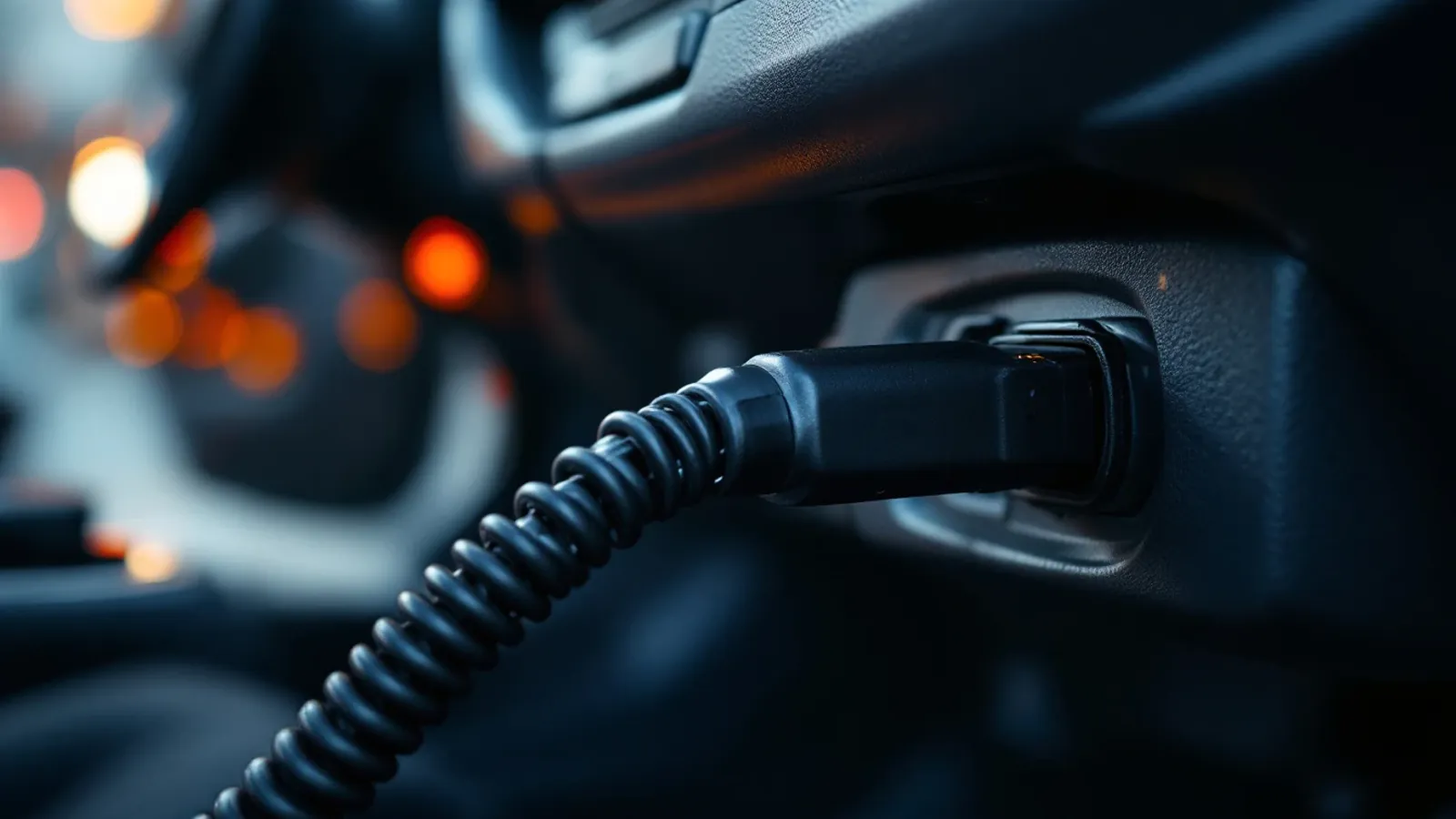 A diagnostic cable plugged into the port under a dashboard, lit by a soft amber glow
