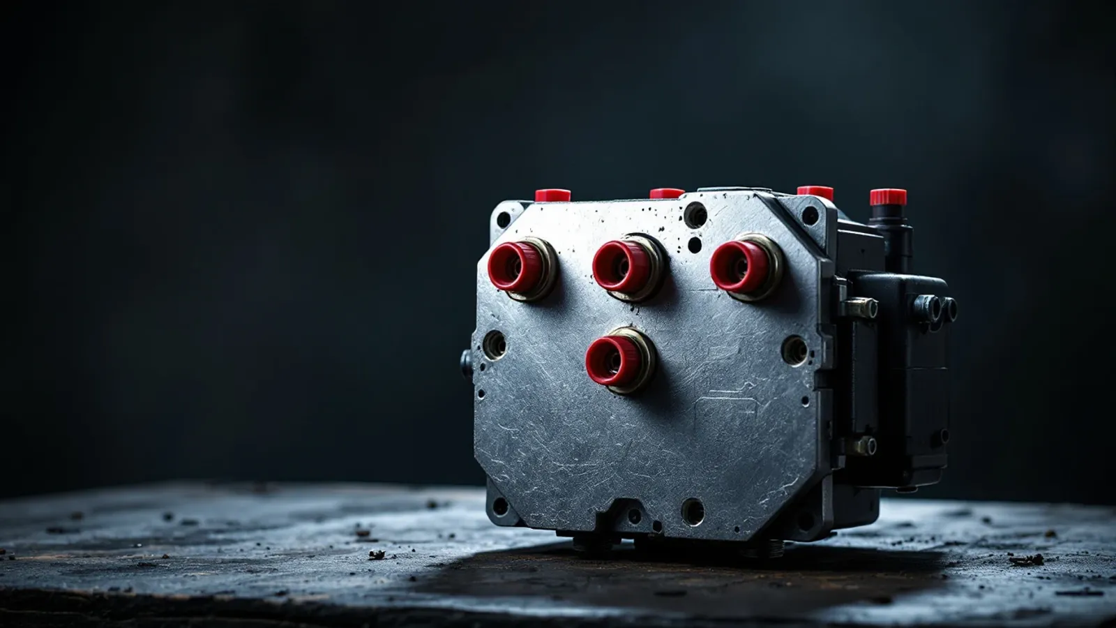 An ABS hydraulic unit with its control module on a dark workbench, brake-line ports sealed with red caps