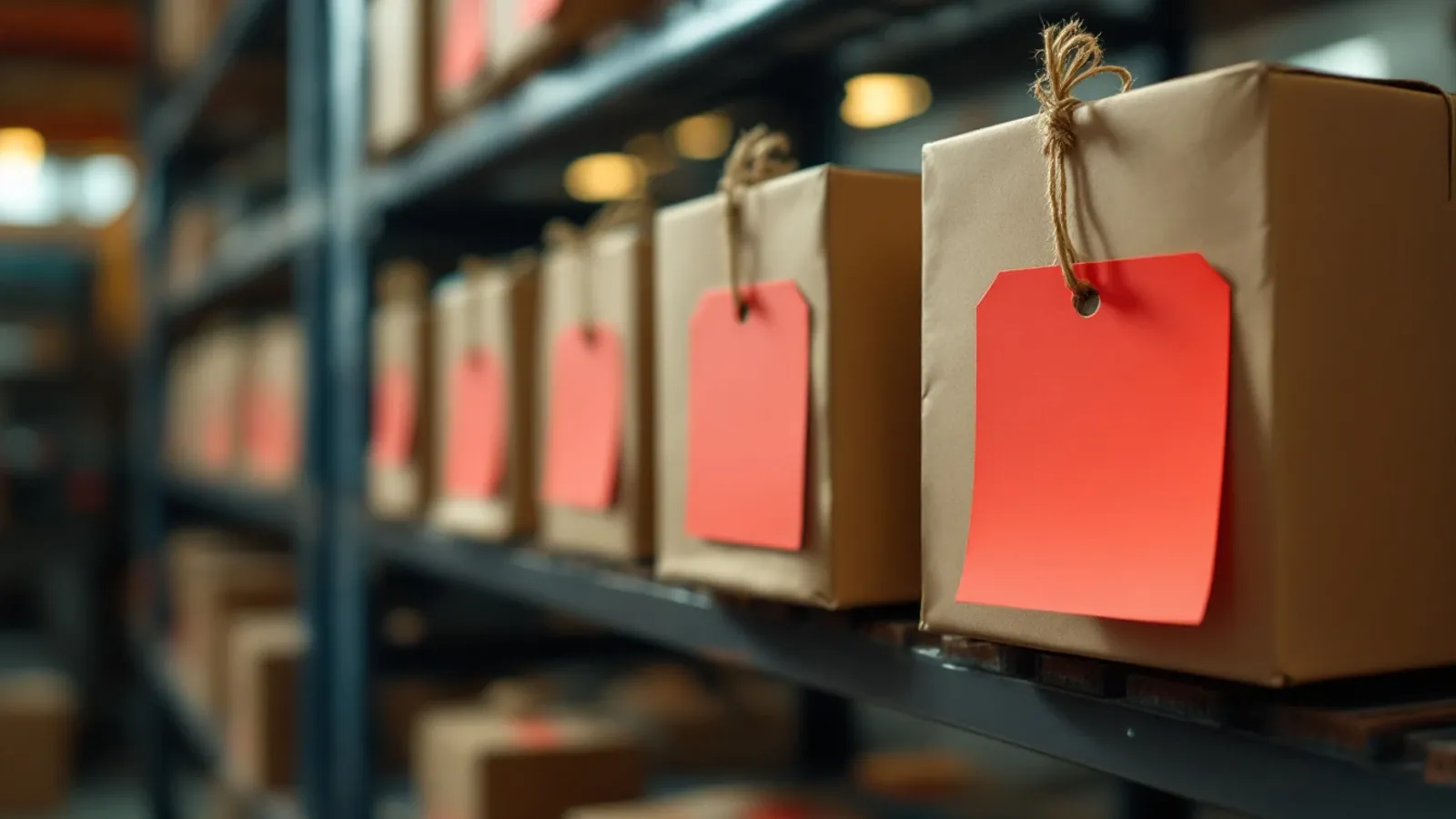 Plain shipping boxes on a workshop rack, each with a blank red tag, one pulled forward