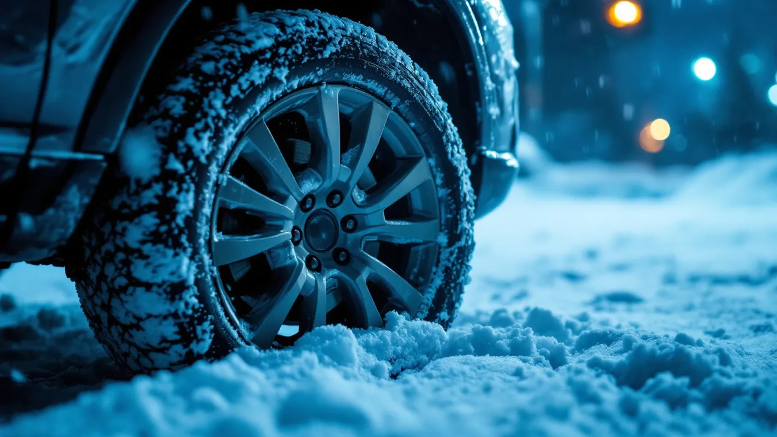 The slush-caked front wheel of a full-size SUV in a snowy parking lot at night (illustration for GMC ABS module repair)