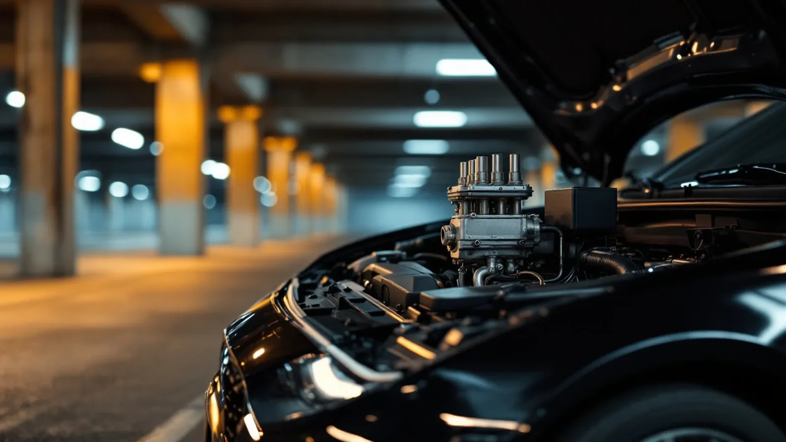 An ABS hydraulic block with a row of brake-line fittings in a dark sedan's engine bay, in a parking structure under amber light (illustration for Infiniti ABS module repair)