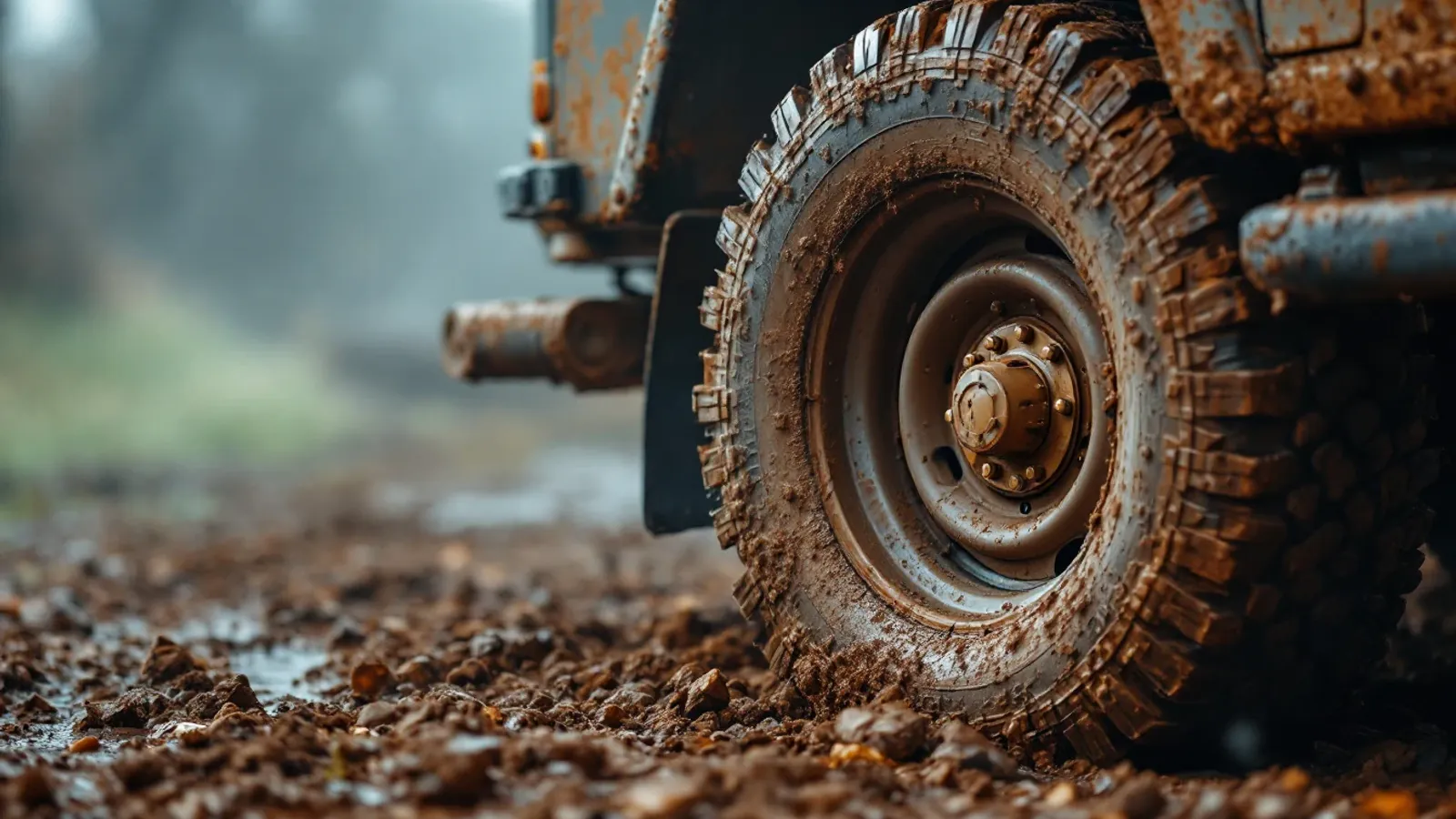The mud-caked front wheel of a tall off-roader on a gravel track in morning mist (illustration for Land Rover ABS module repair)