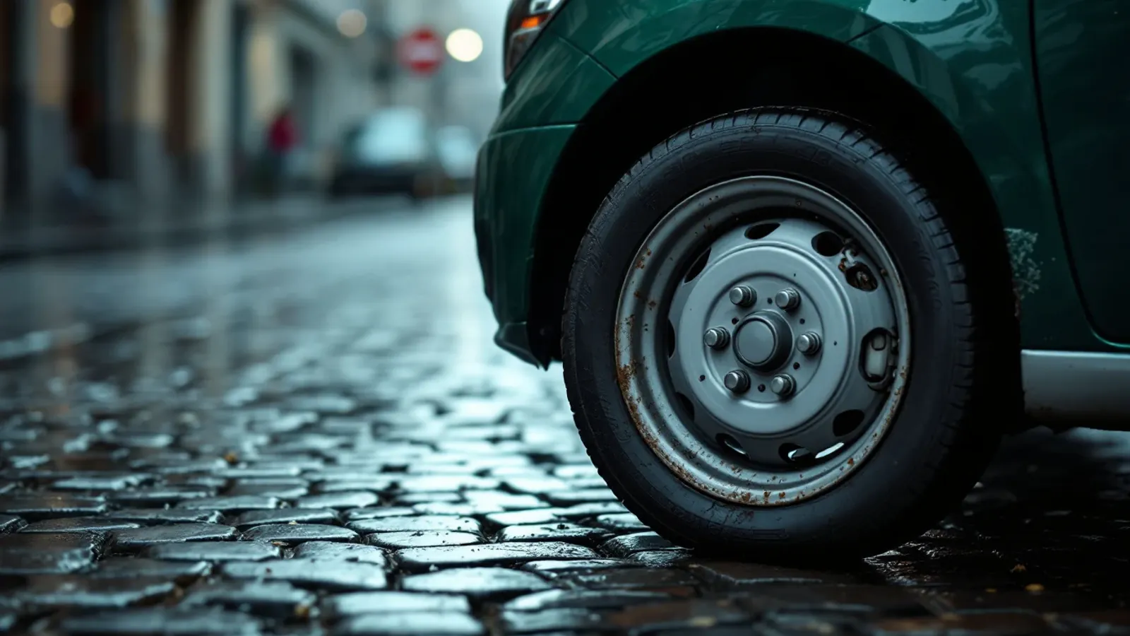 The front wheel arch of a small dark-green hatchback on a wet cobblestone street (illustration for MINI ABS module repair)