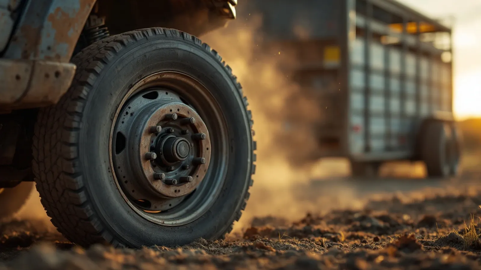 The front wheel and frame of a heavy-duty pickup at a ranch at dawn (illustration for Ram ABS module repair)