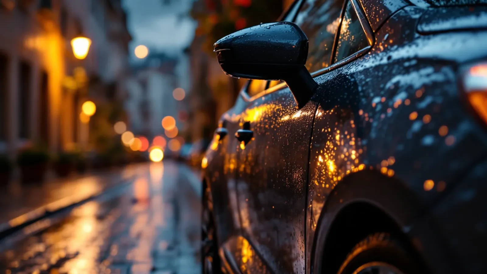 The rain-beaded side mirror and door of a small dark car on a cobbled street at dusk (illustration for Volkswagen ABS module repair)