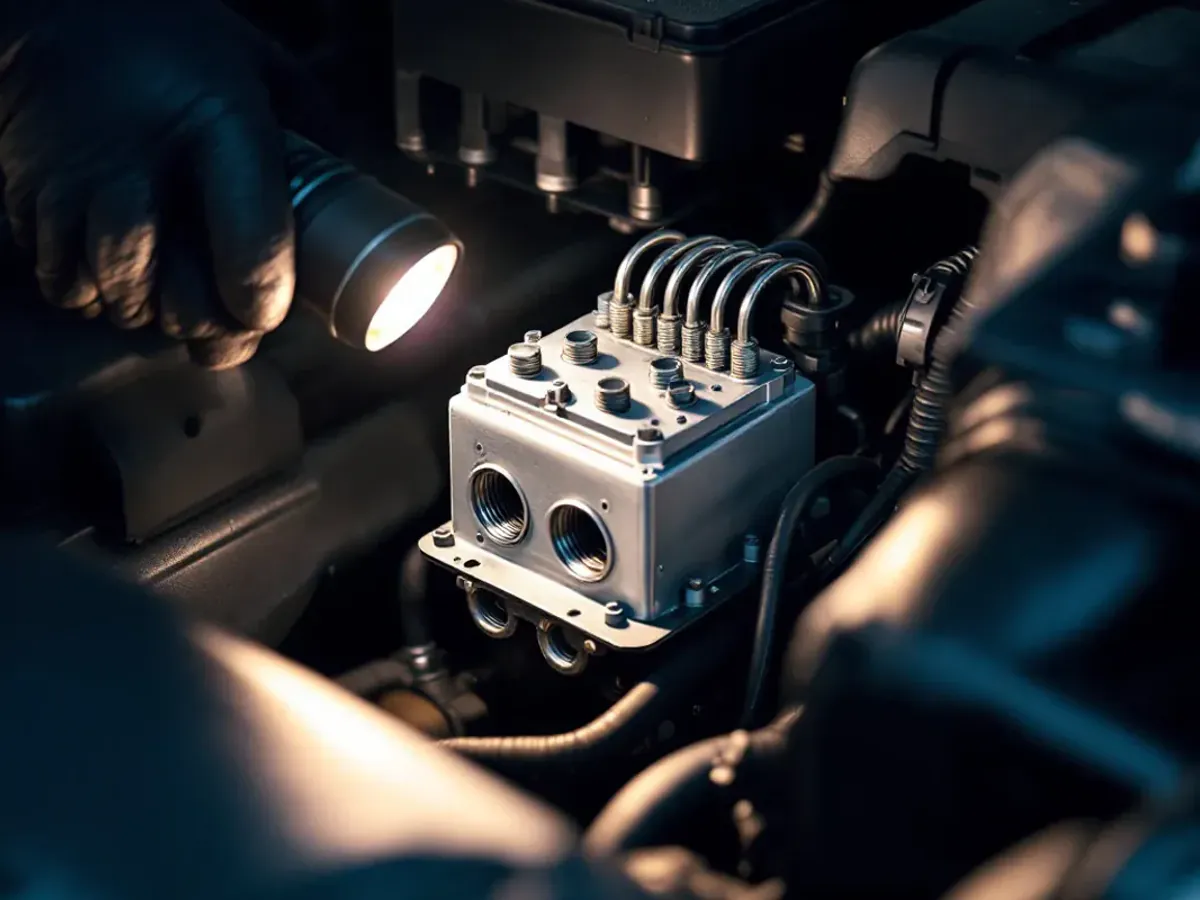 A flashlight beam picking out an ABS unit mounted in an engine bay