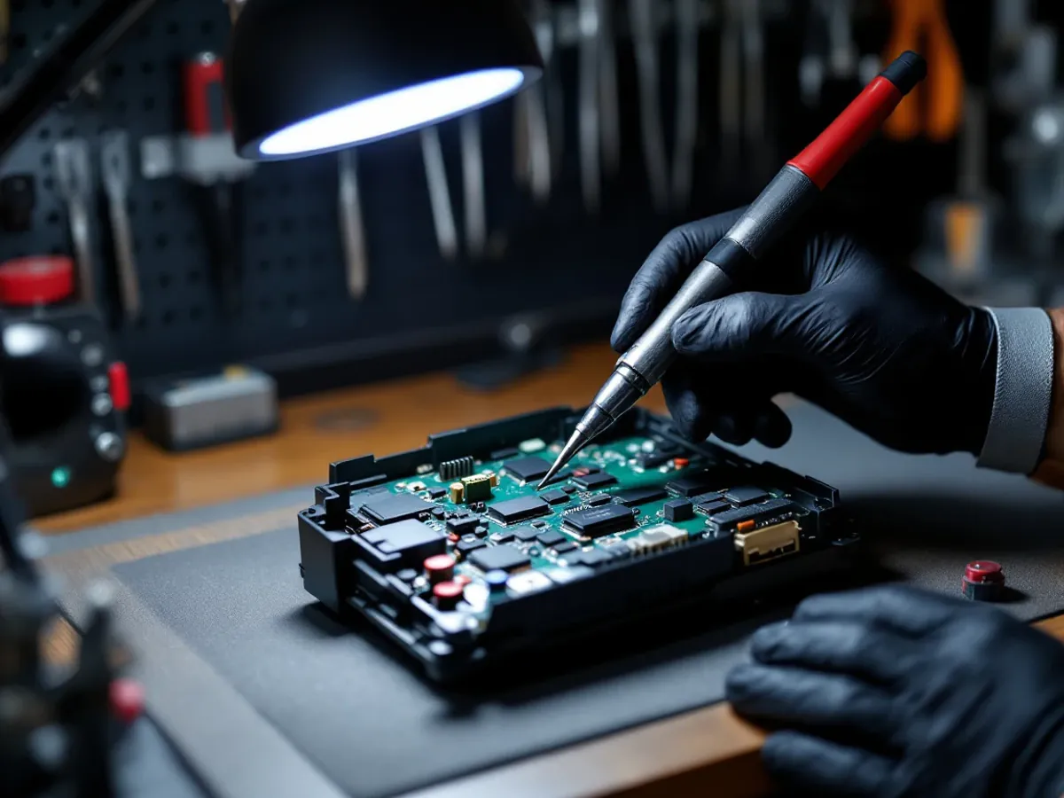 An opened ABS control module under a magnifier lamp while a gloved hand works on its board