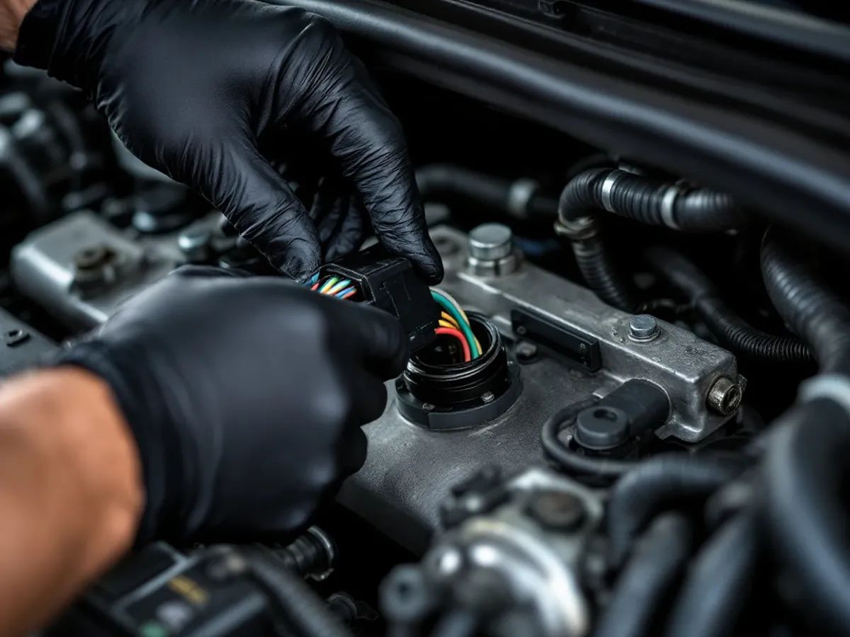 Gloved hands reconnecting the wiring connector to an ABS module in an engine bay